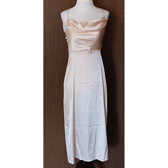Lyaner Cocktail Dress M Satin Beige Cowl Neck Strappy Cutout Tie Back Sexy - Picture 1 of 6
